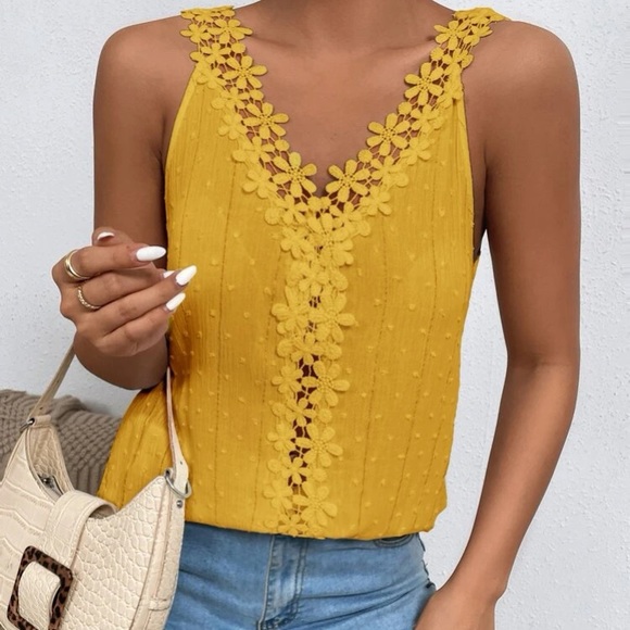 Mustard yellow Swiss dot lace detail blouse - Picture 2 of 15
